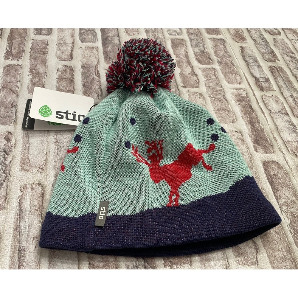 Stio Winter Ski Hat Beanie With Pom Knit‎ Kingbird Blue Reindeer Snow Blue NWT